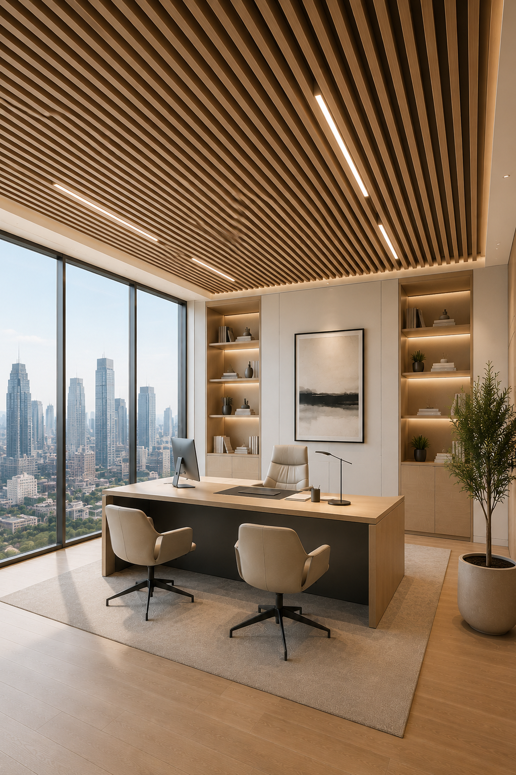 Modern office interior with a large desk, chairs, and cityscape view.