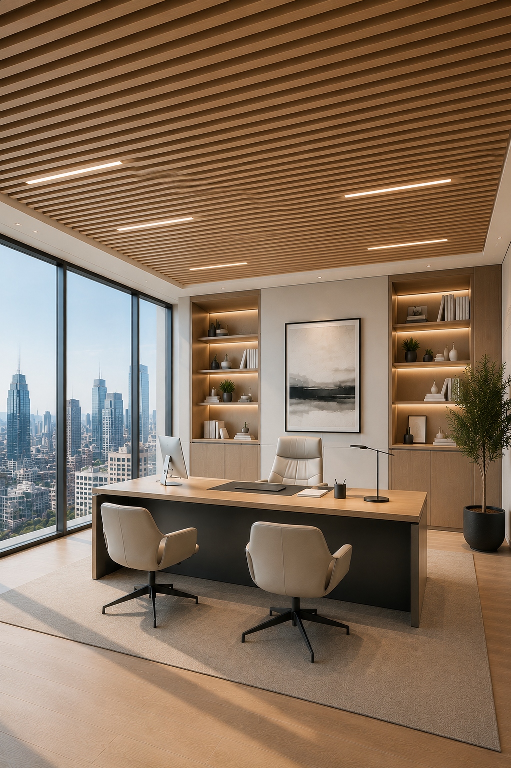 Modern office space with a large desk, chairs, and city view