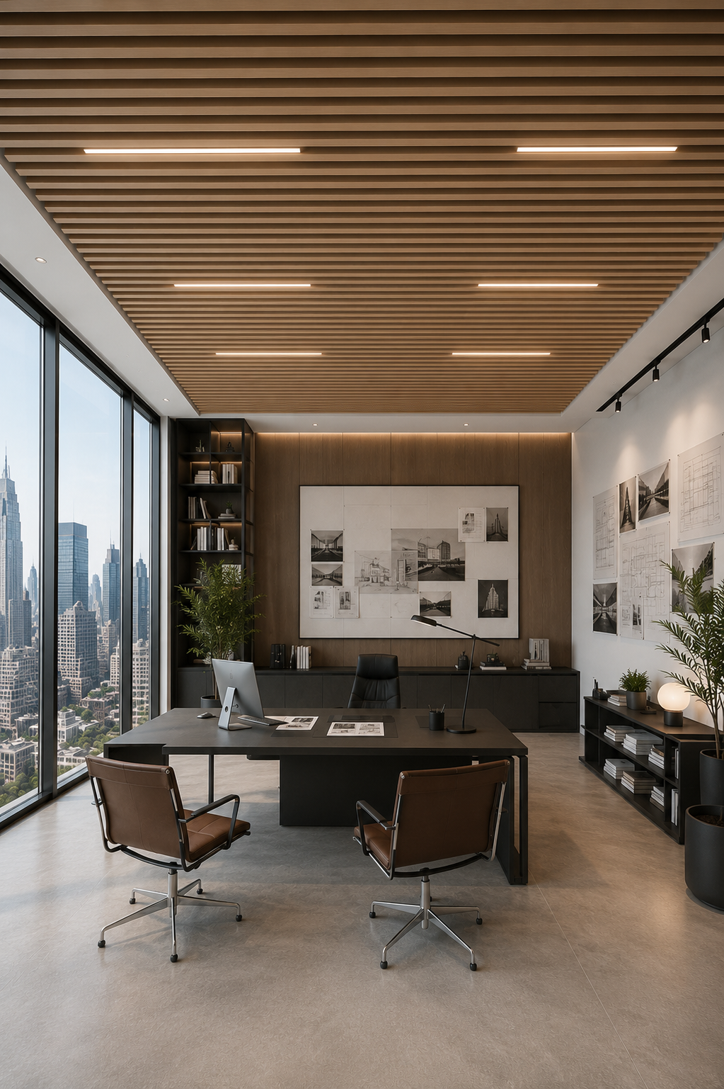 Modern office interior with a large desk, chairs, and cityscape view.