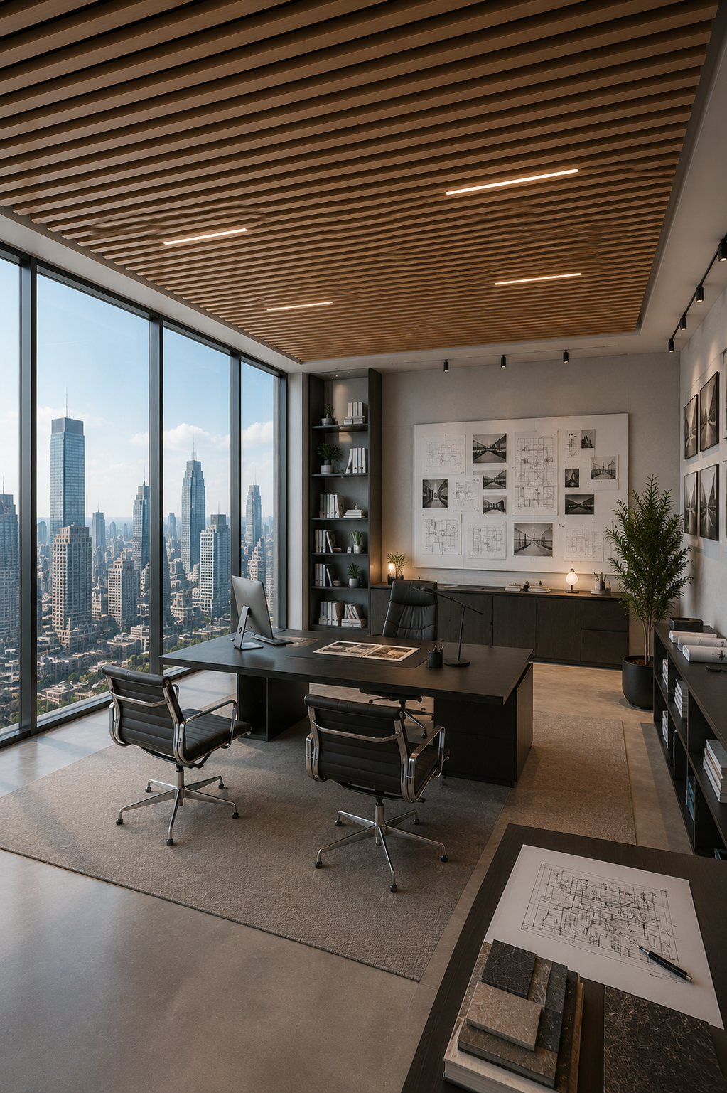 Modern office with large windows overlooking a cityscape, featuring a desk and chairs.