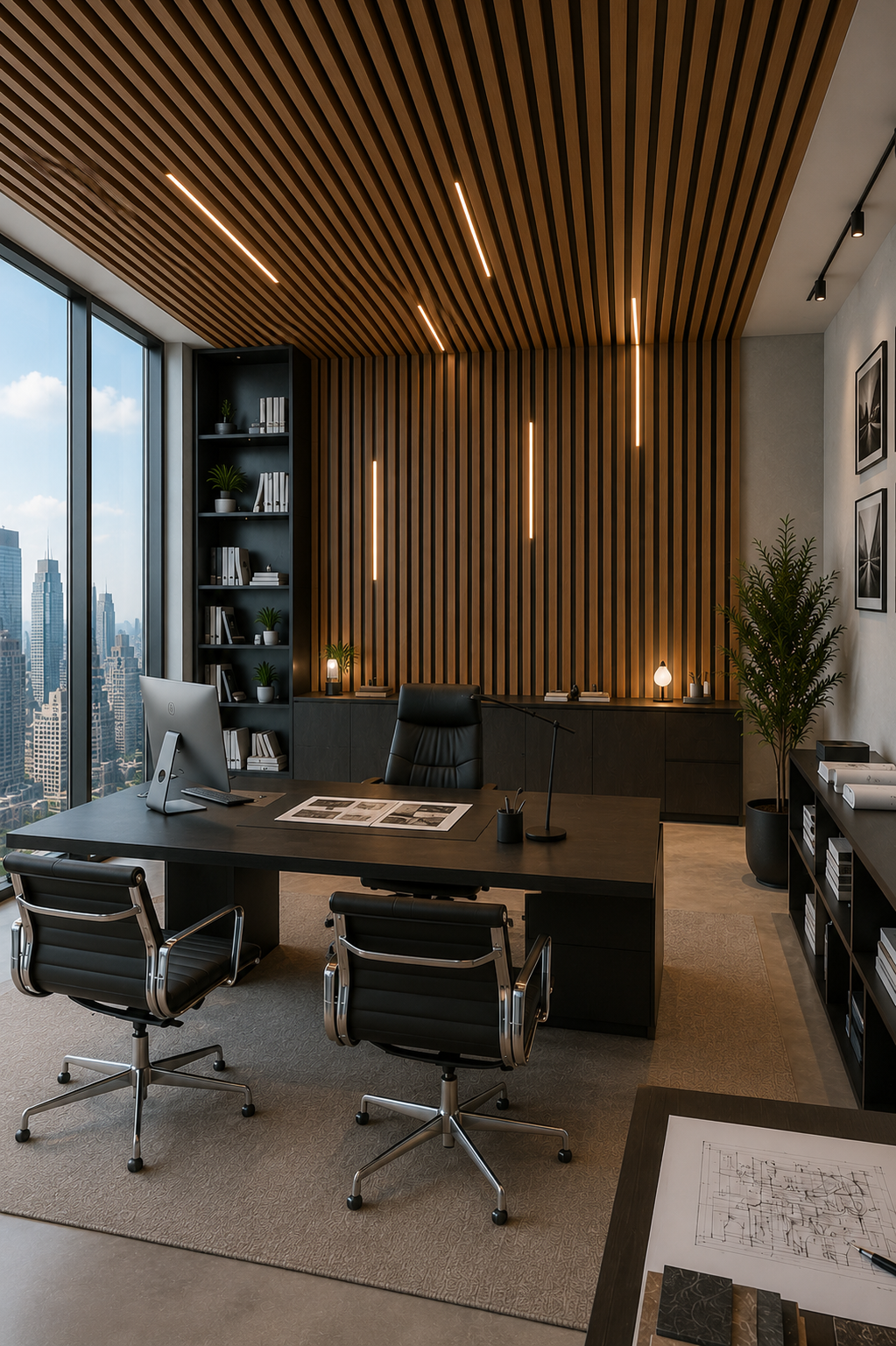 Modern office interior with a large desk, chairs, and cityscape view.