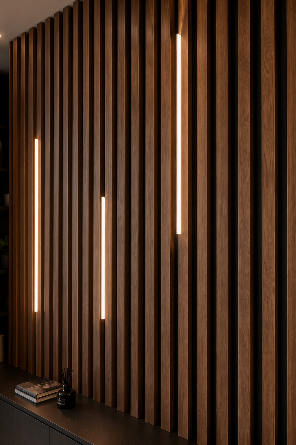 Wooden slat wall with embedded lights in a modern interior setting.