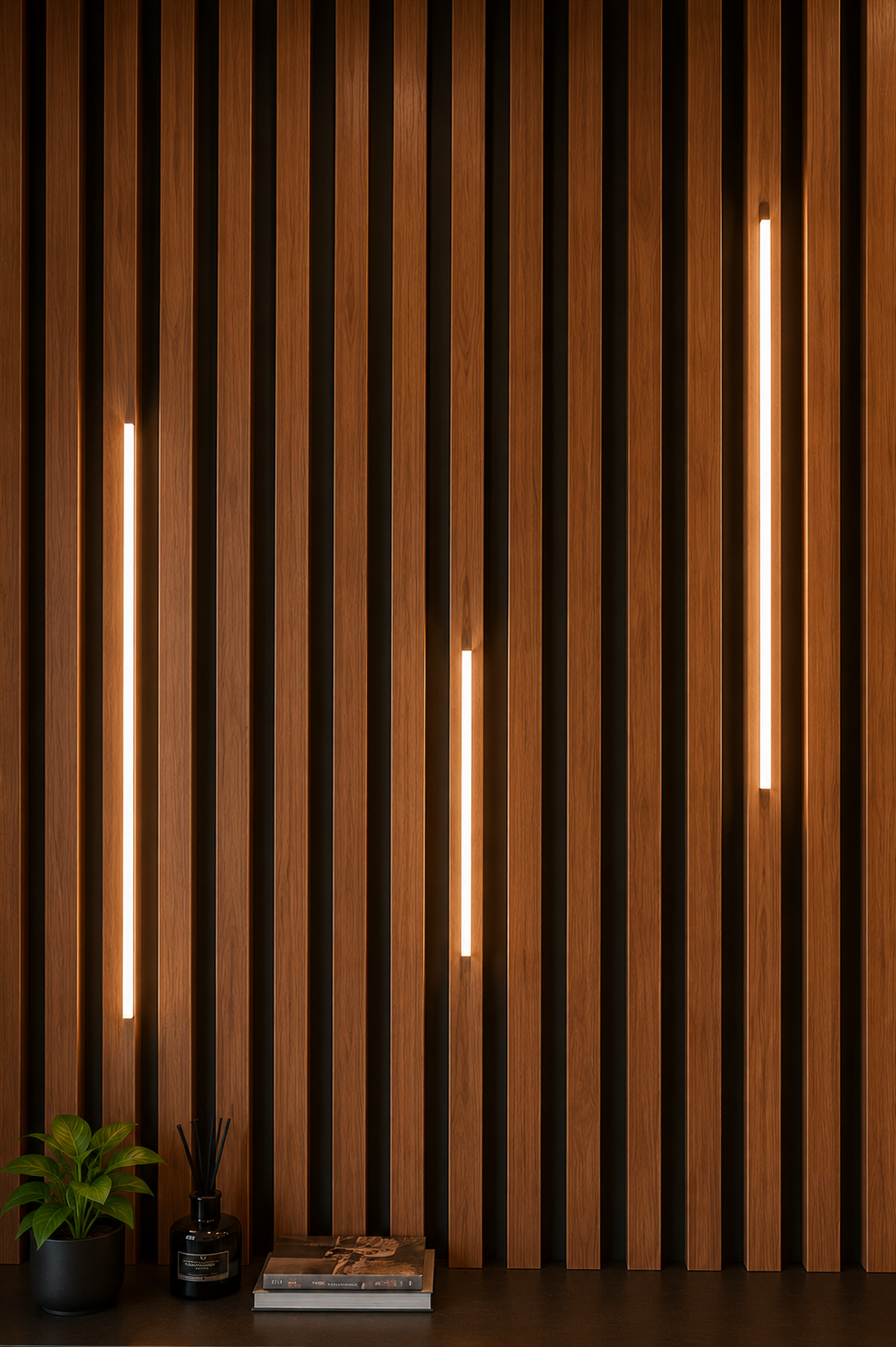 Wooden slat wall with vertical lights and a plant on a shelf.