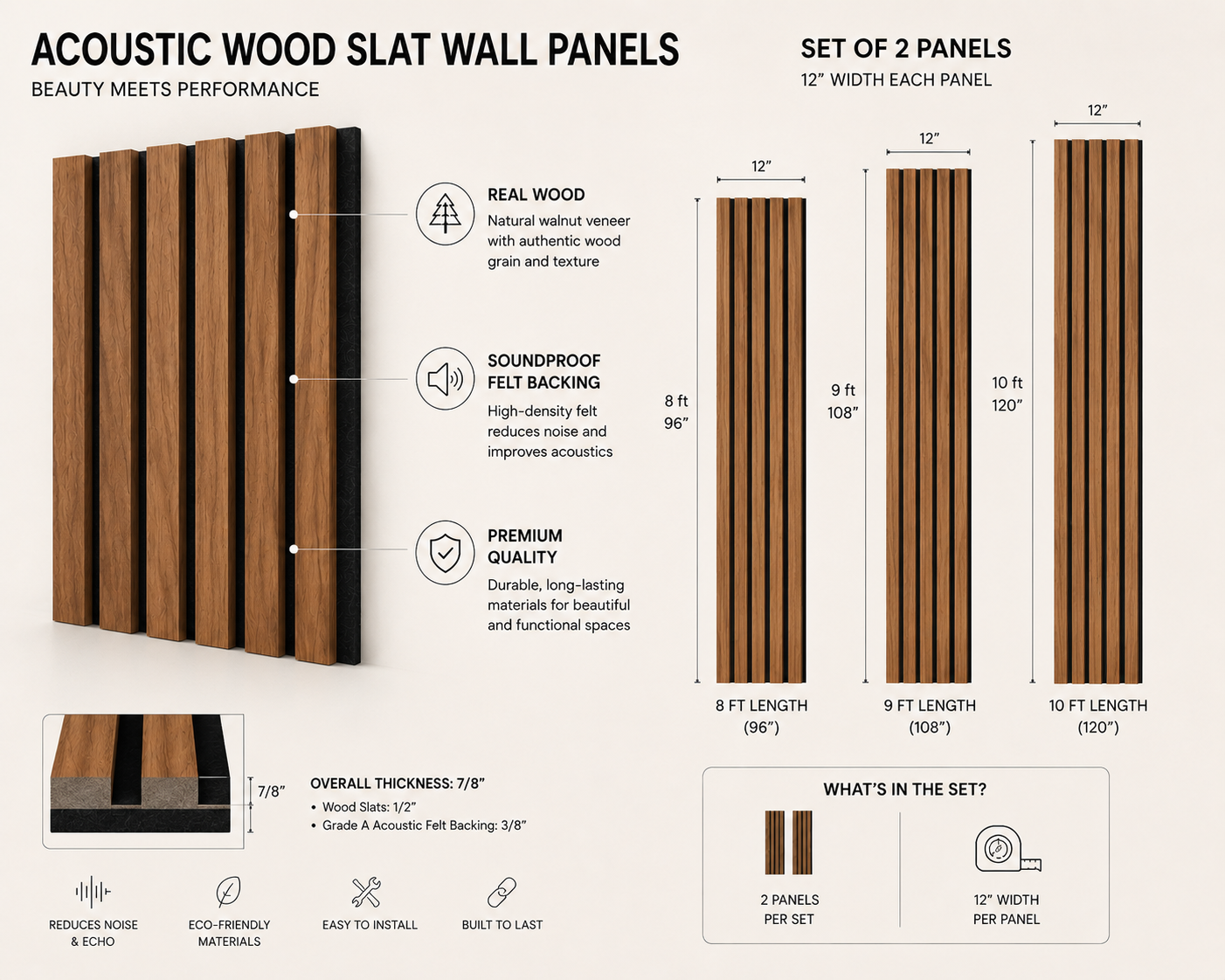 Acoustic wood slat wall panels with dimensions and features on a white background