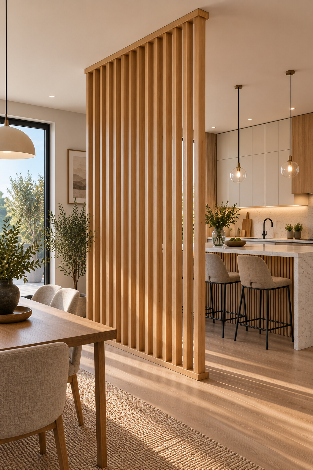 Kitchen Partition Wall – Floor-to-Ceiling Wood Slats