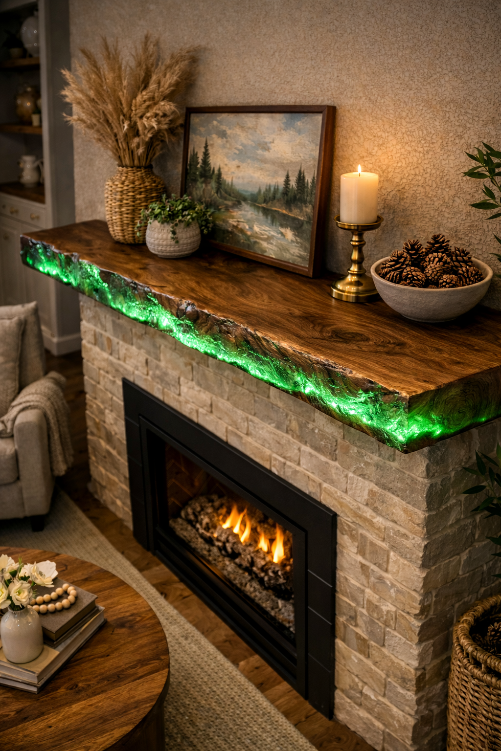 Live Edge Solid Wood Wall Shelf with Luminophore