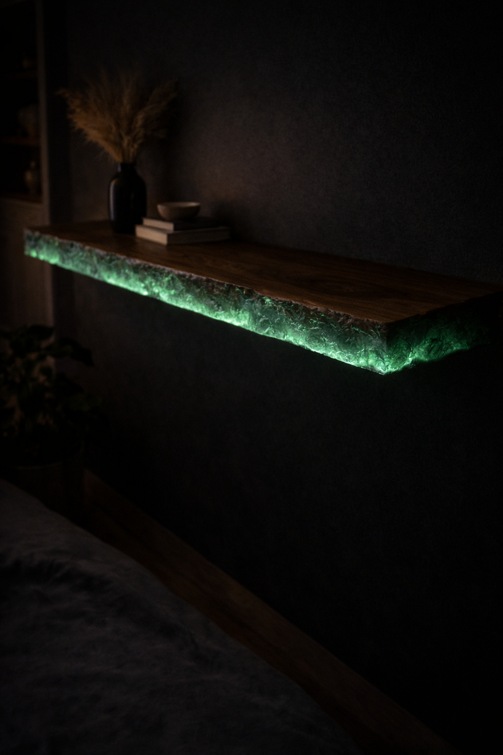Live Edge Solid Wood Wall Shelf with Luminophore