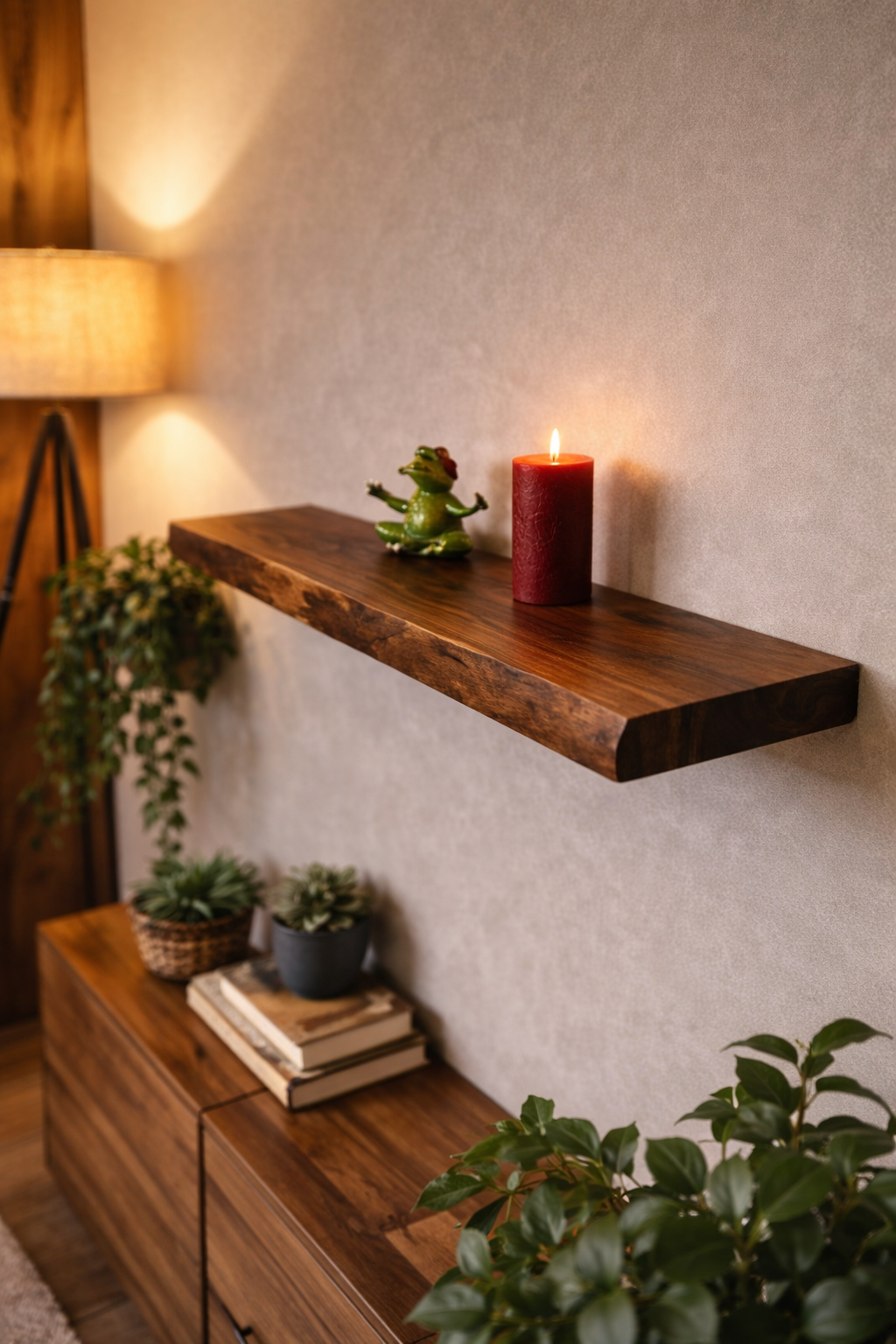Floating oak shelf in modern living room with soft lighting and decor accents