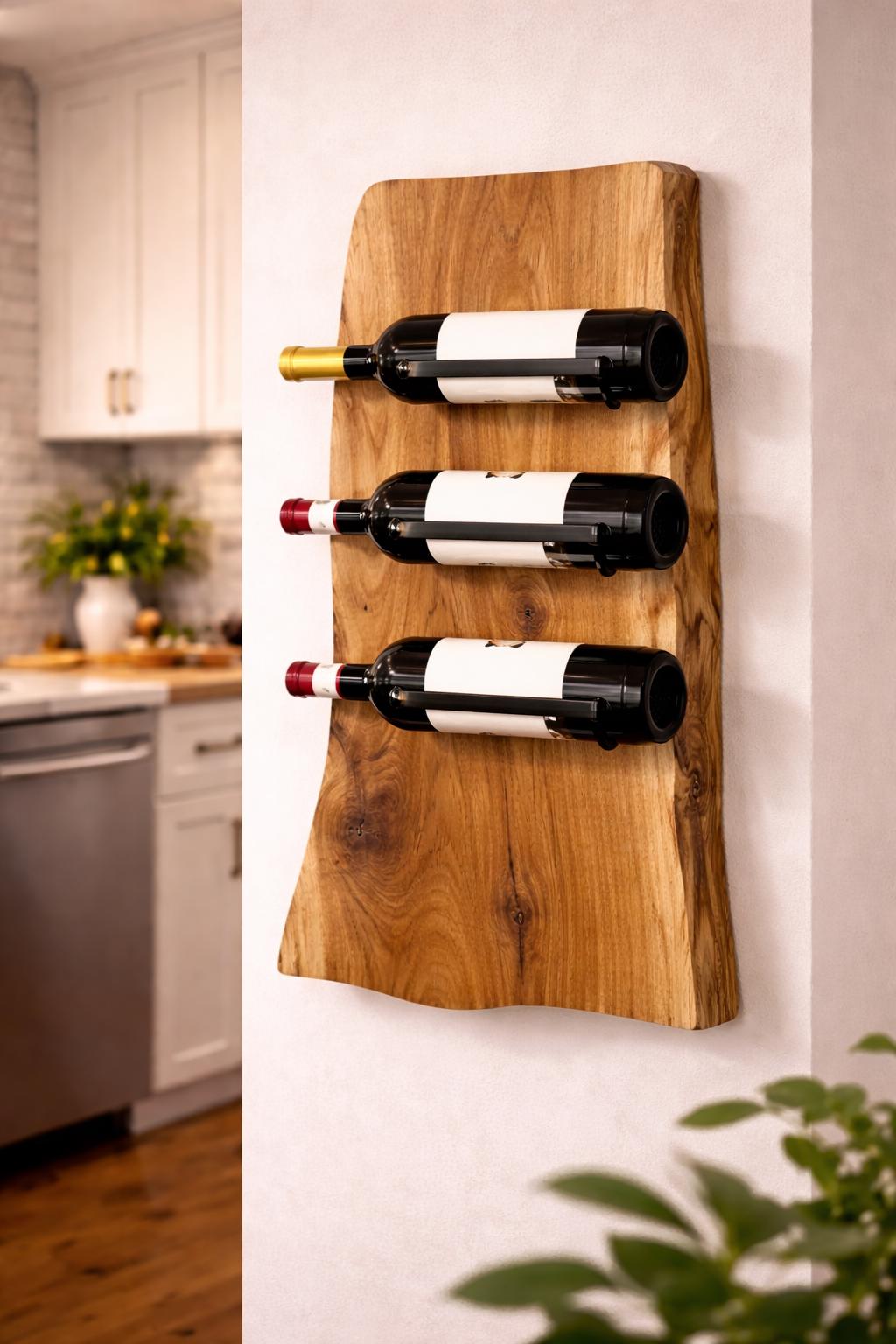 Handcrafted live edge wall wine rack made from solid walnut for modern home bar