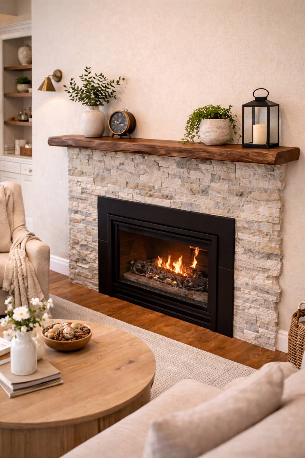 Handcrafted solid walnut fireplace mantel shelf with natural grain pattern