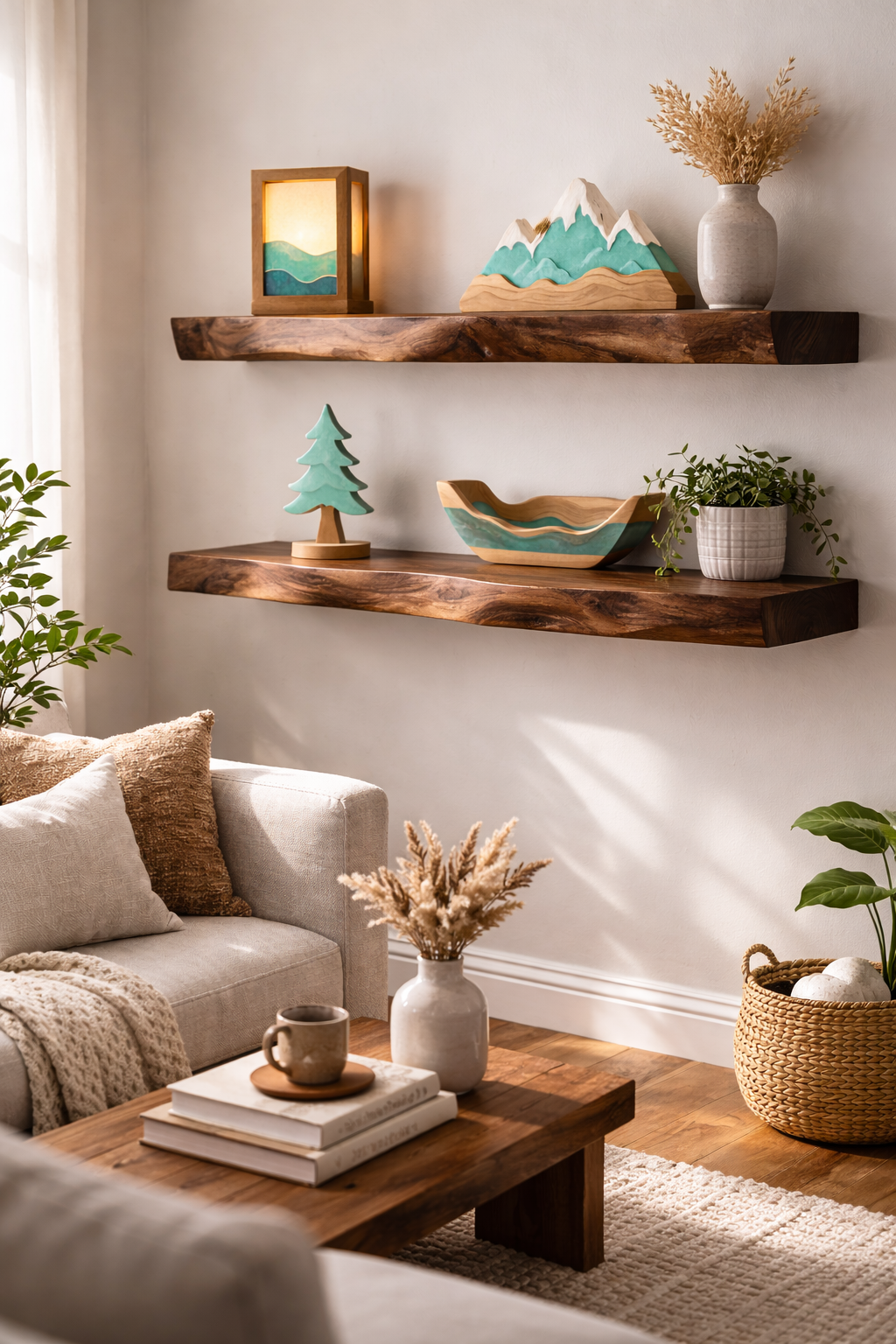 Handcrafted solid walnut floating wall shelves with natural wood grain and decorative styling