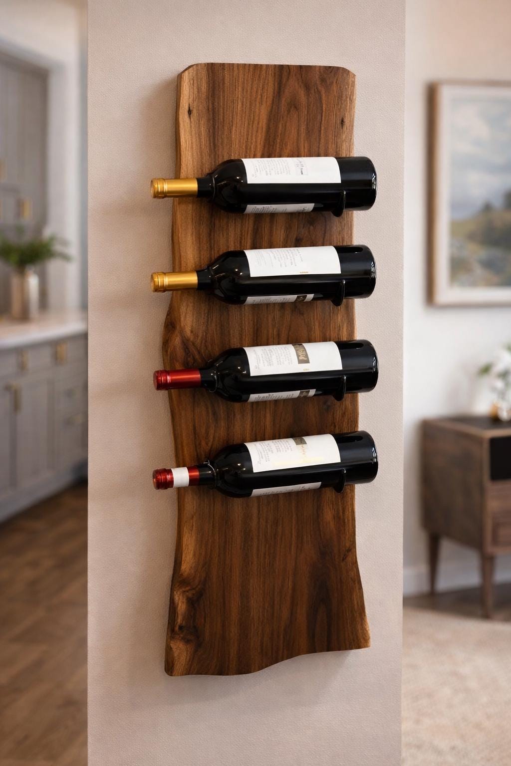 Handmade solid wood wine rack displaying bottles vertically on wall