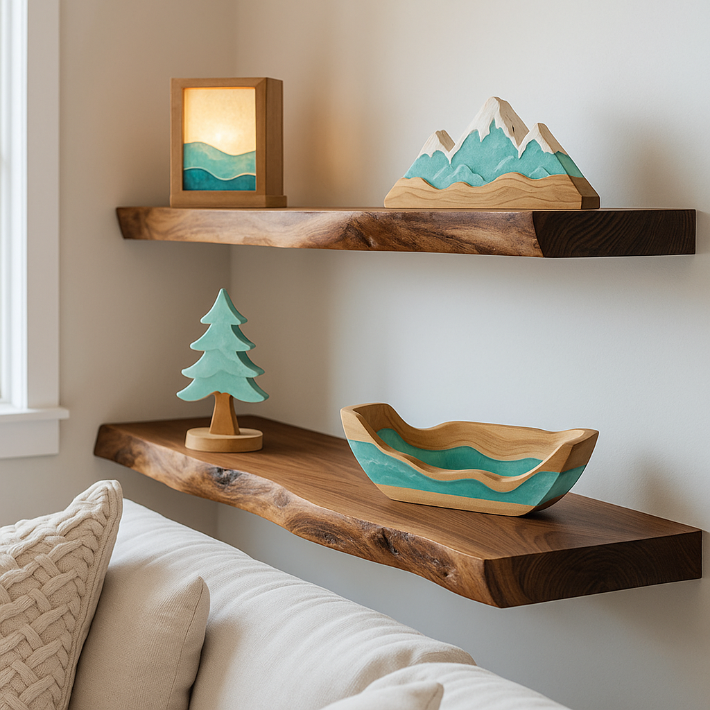 Handmade walnut floating wood shelf with concealed bracket mounted on interior wall