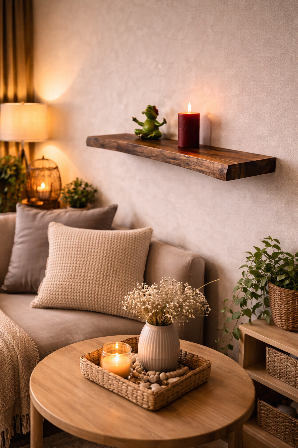 Live edge oak floating shelf styled above coffee table with candles and decor