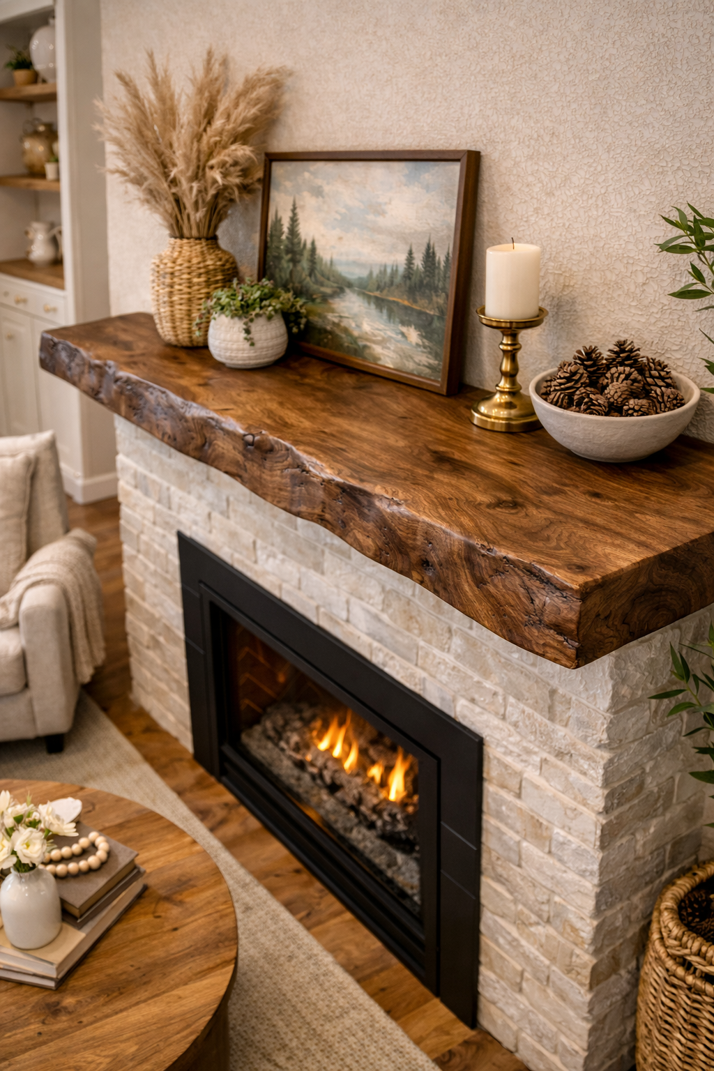 Live edge walnut fireplace mantel shelf with natural wood grain above modern fireplace