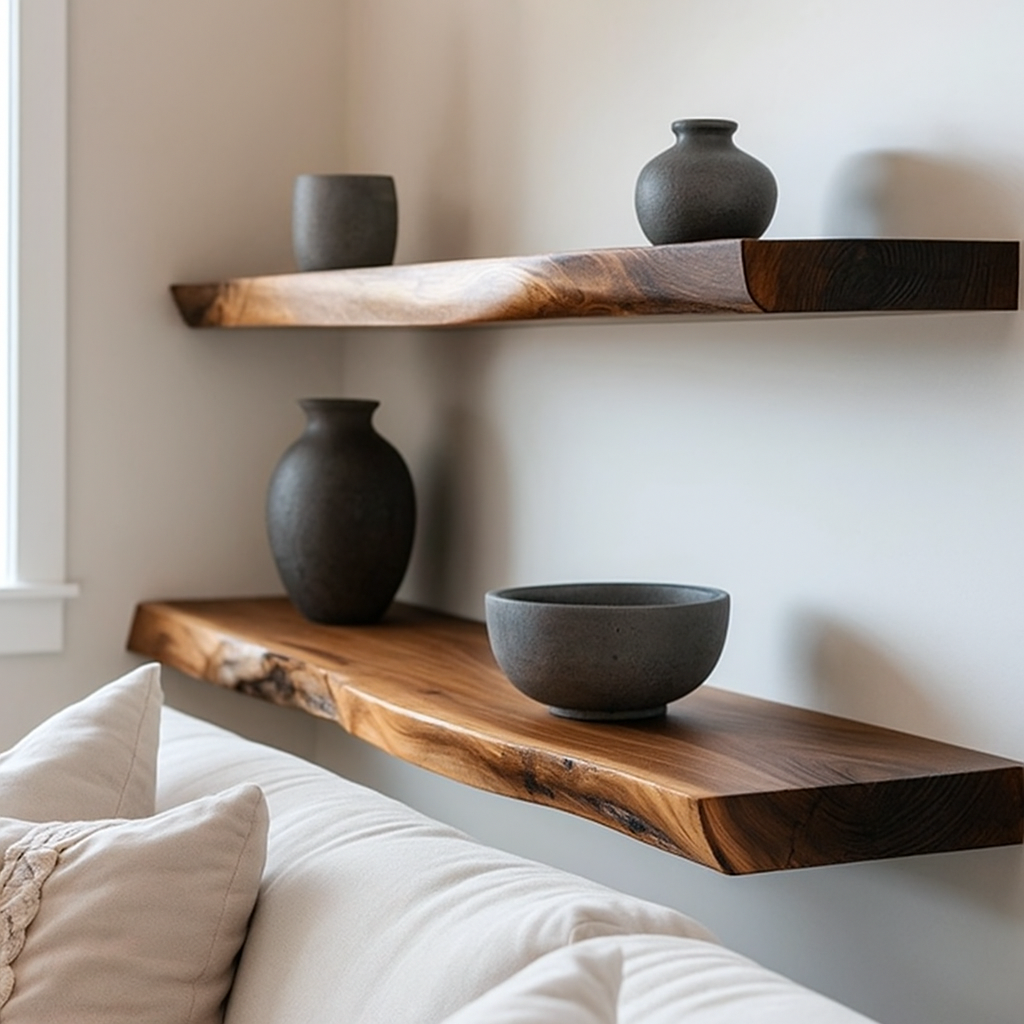 Live edge walnut floating shelf with decorative objects and modern wall decor styling