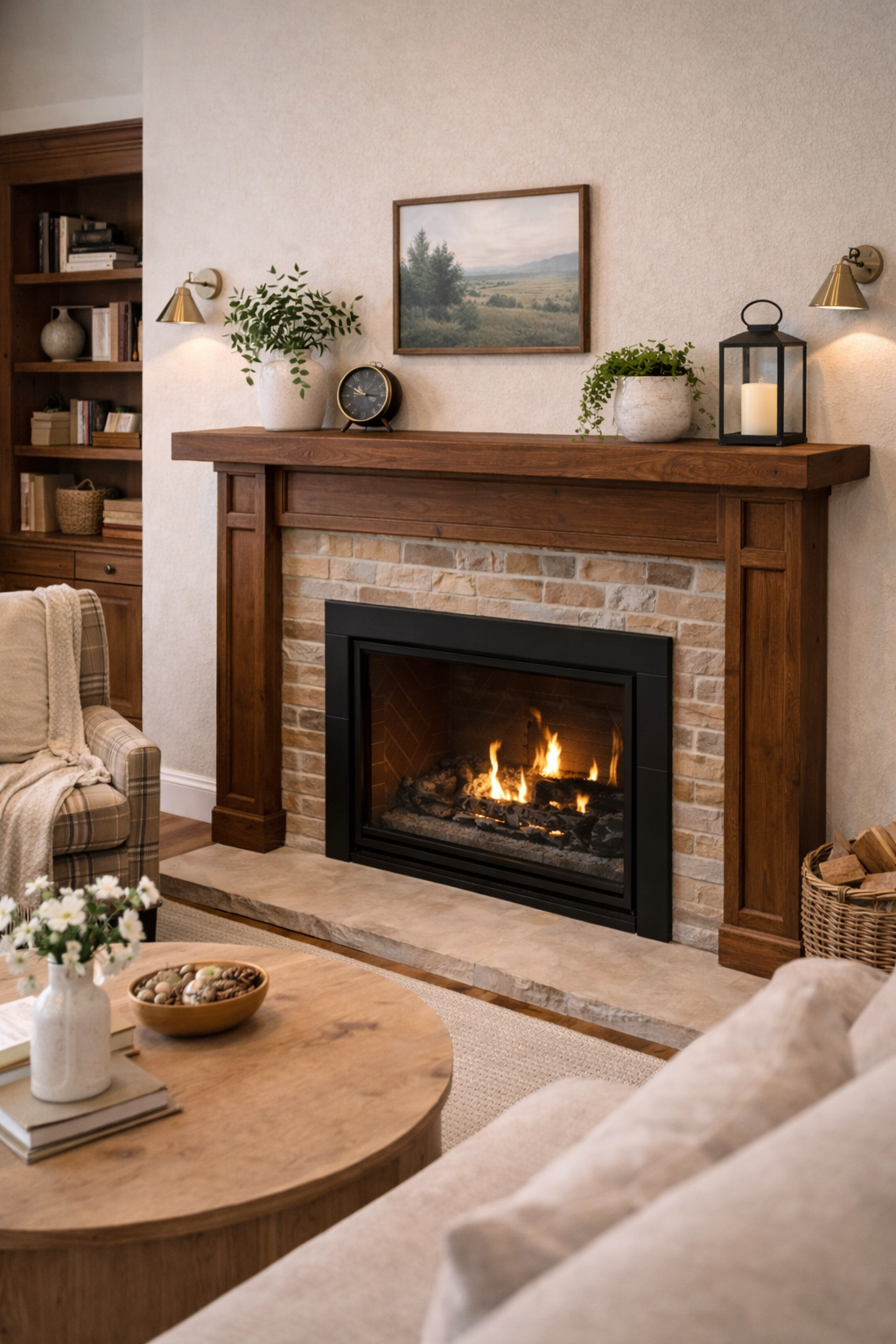 Live edge walnut mantel shelf creating rustic fireplace focal point