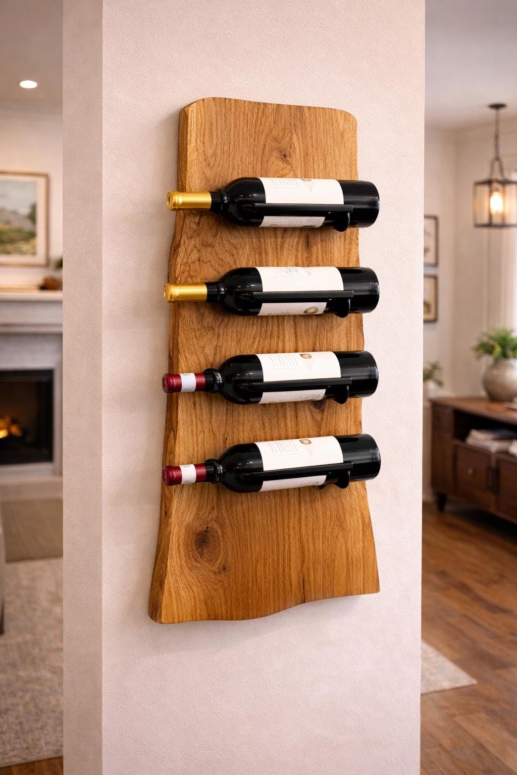 Live edge walnut wall mounted wine rack holding wine bottles in modern kitchen interior
