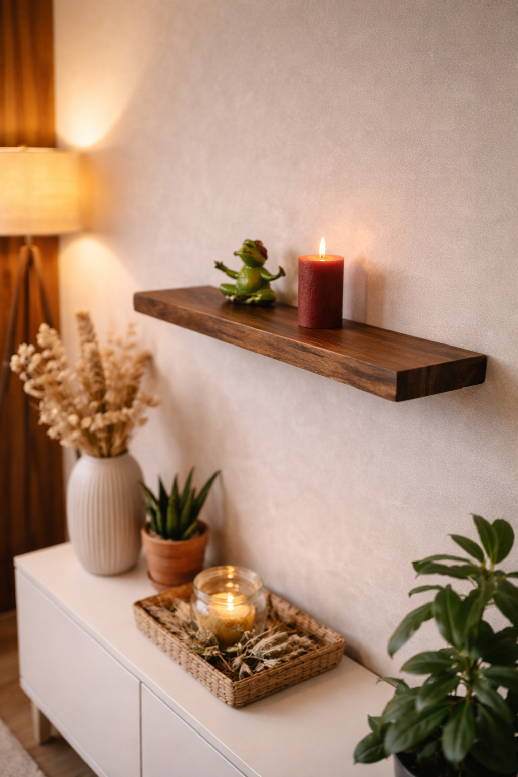 Live edge wood shelf mounted on wall with decorative objects and greenery