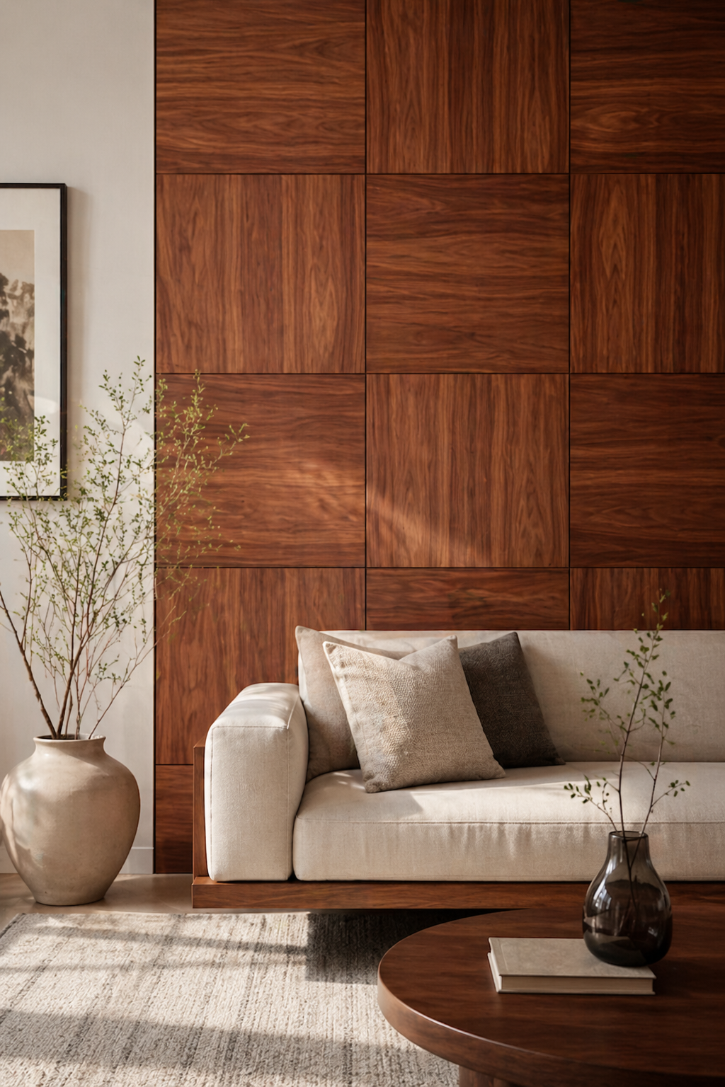Living room with a wooden paneled wall, beige sofa, and decorative elements.