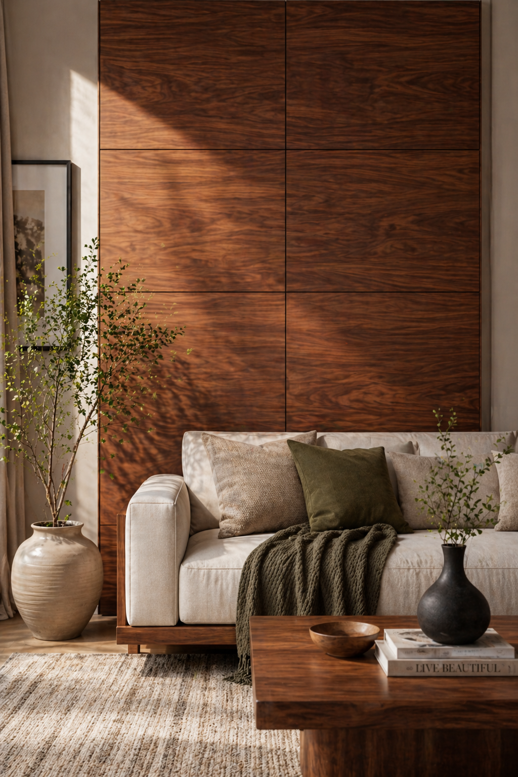 Living room with a wooden wall panel, white sofa, and decorative items.