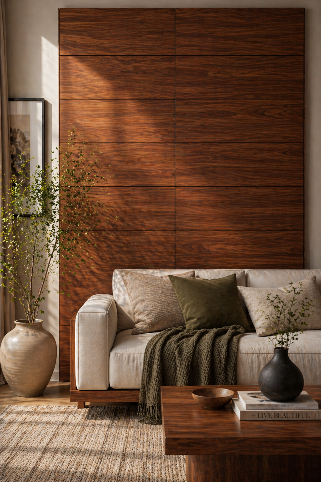 Living room with a wooden wall paneling, sofa, and coffee table.