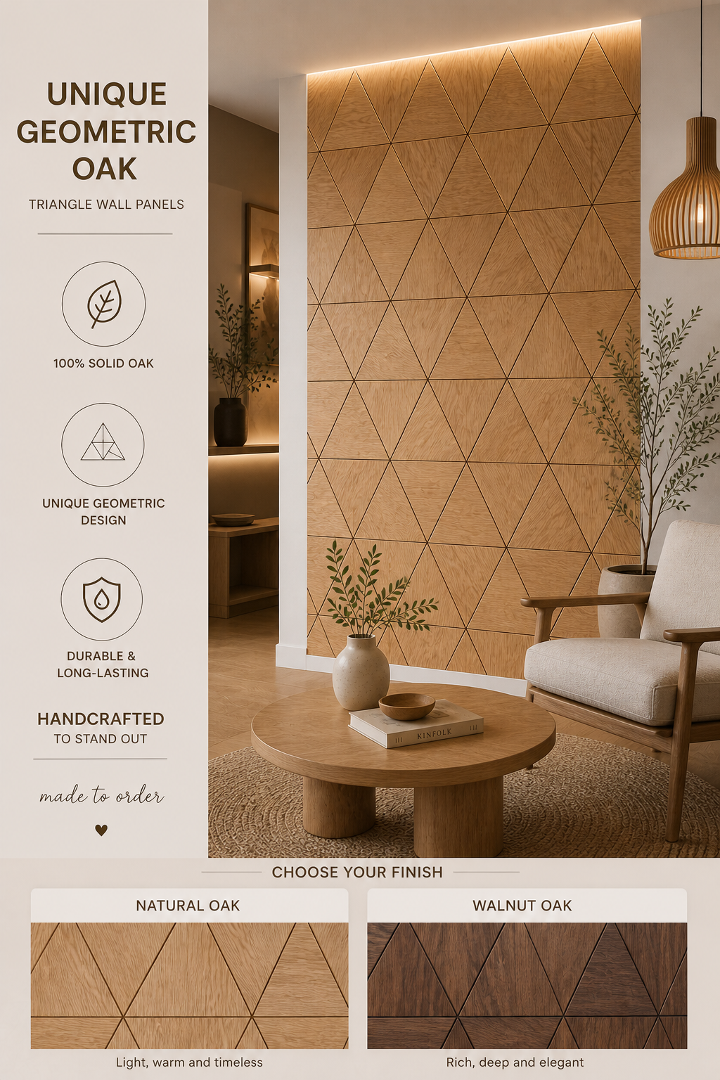 Living room with geometric oak wall panels and furniture.