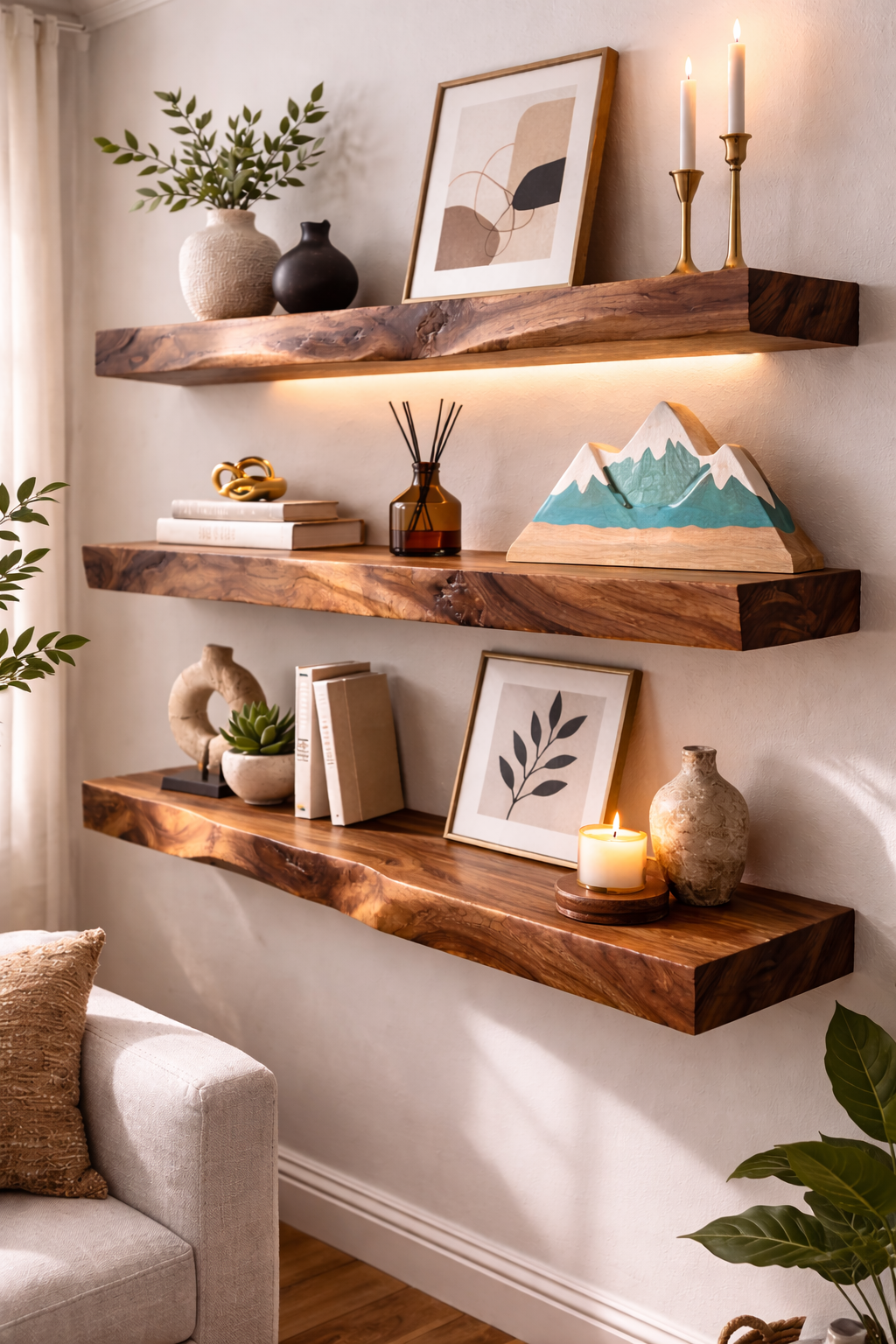 Luxury live edge solid wood floating shelves in cozy living room interior with warm lighting