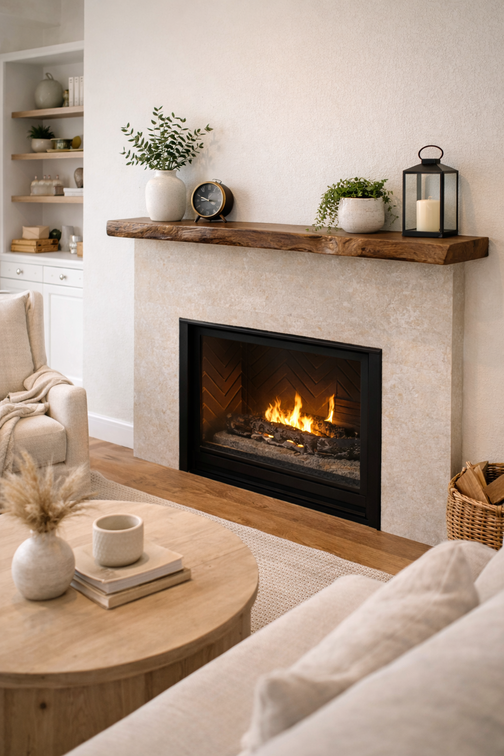 Minimalist floating walnut mantel shelf above modern fireplace
