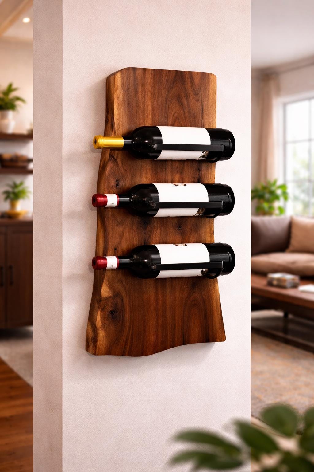 Minimalist vertical wine storage rack with live edge wood and metal supports