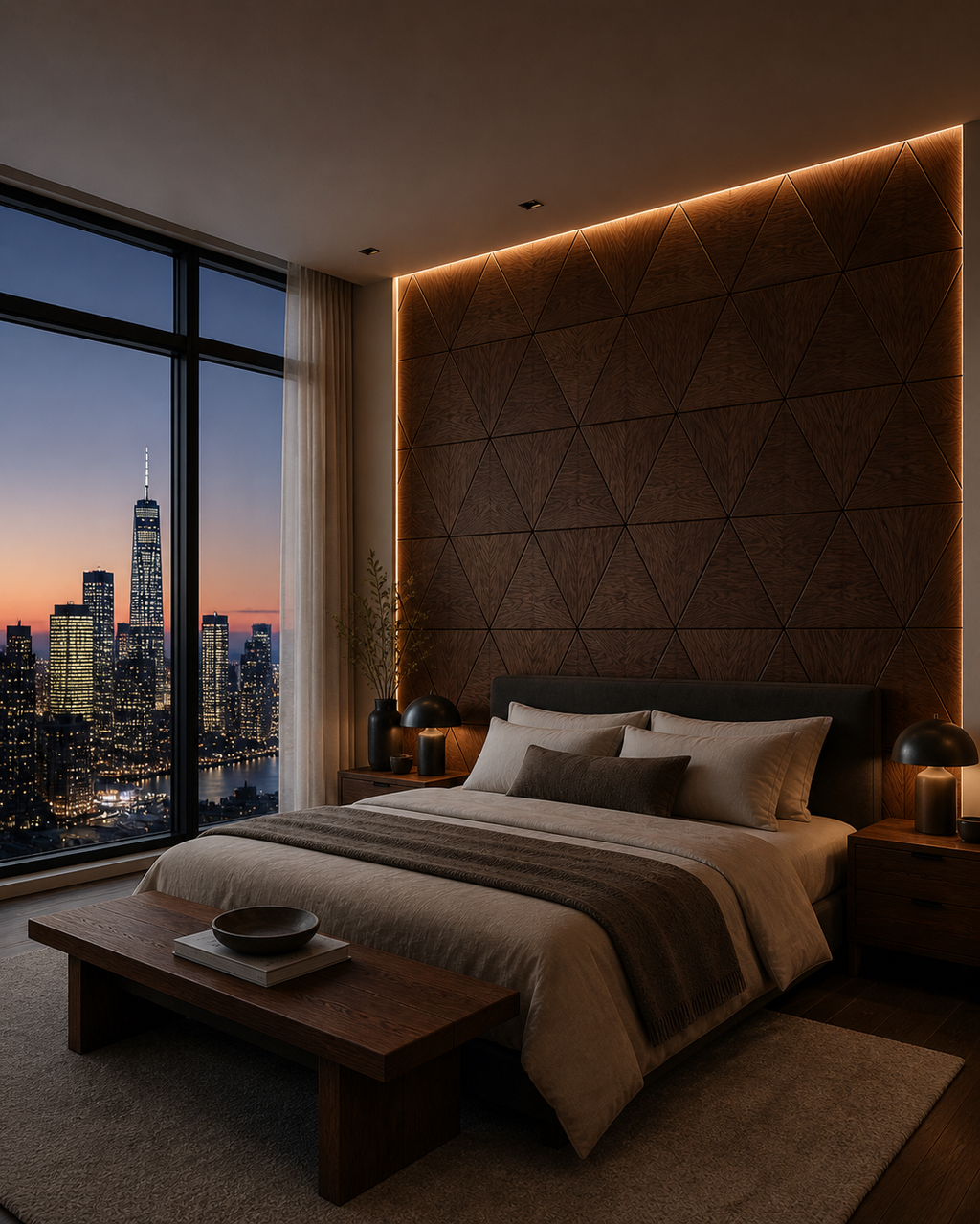 Modern bedroom with geometric headboard and city skyline view