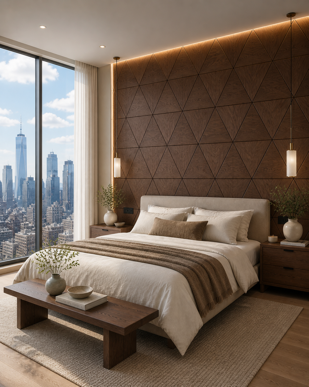 Modern bedroom with geometric wall design and cityscape view