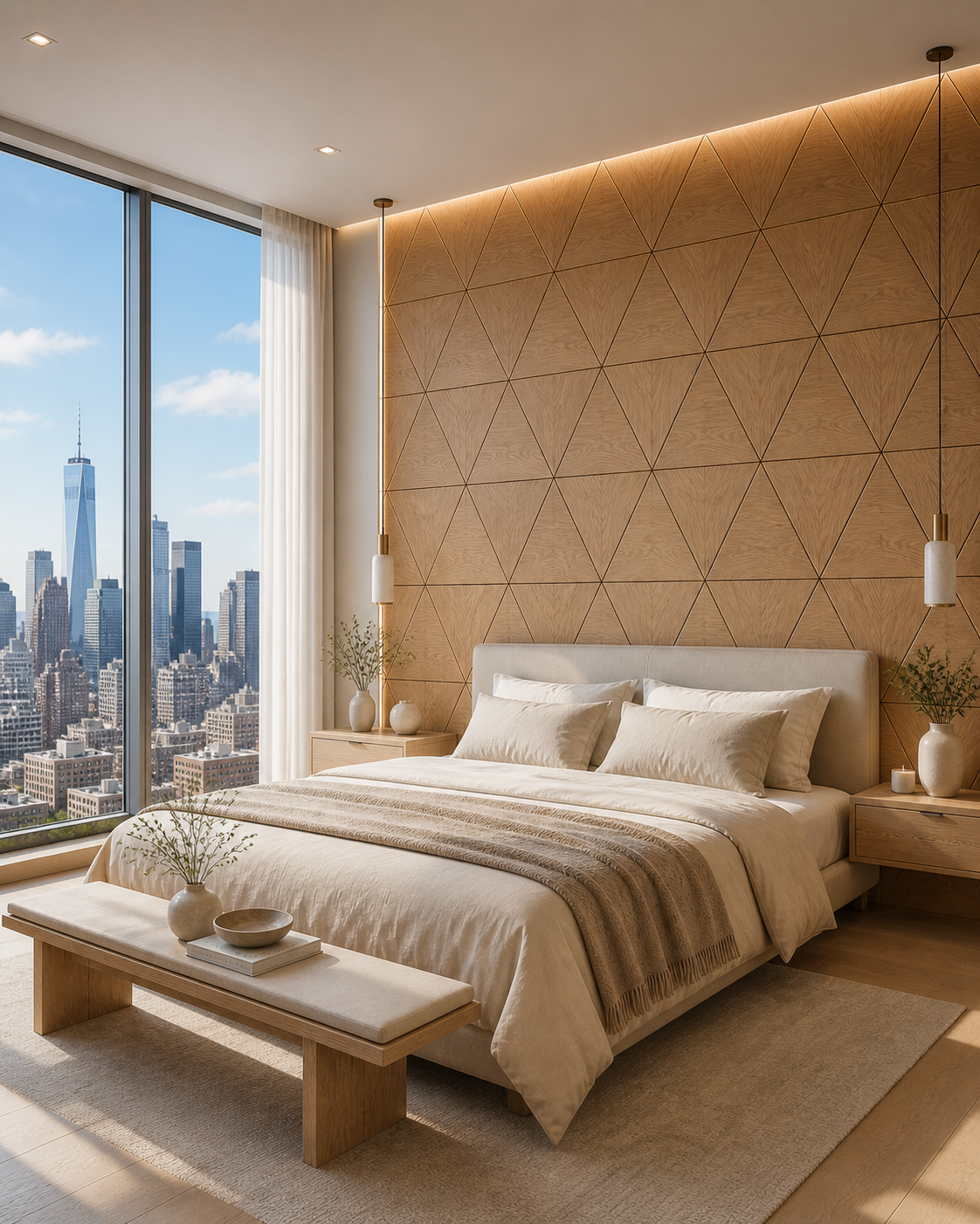 Modern bedroom with geometric wall design and city skyline view