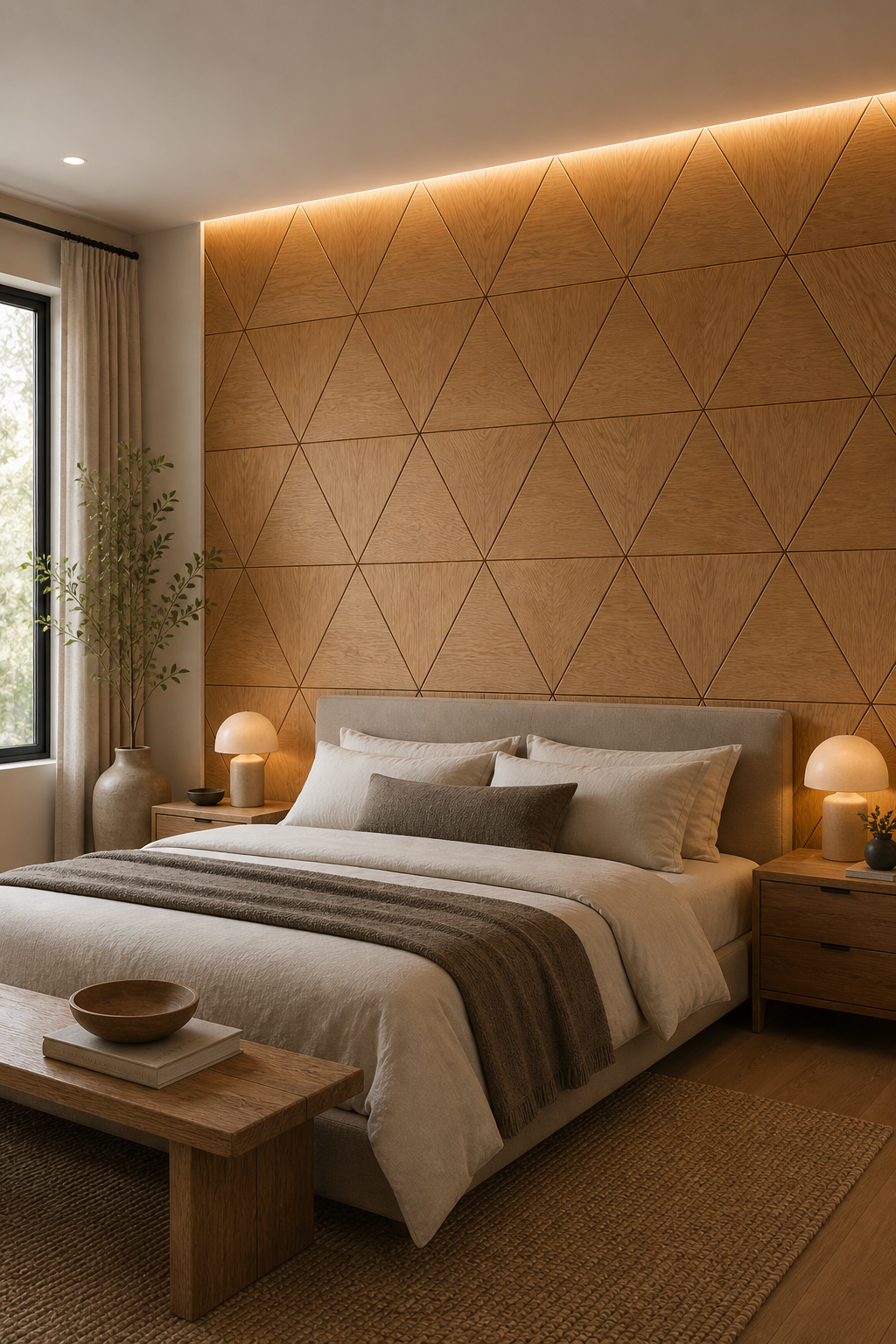 Modern bedroom with geometric wood wall, bed, and side tables.