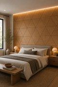 Modern bedroom with geometric wood wall, bed, and side tables.