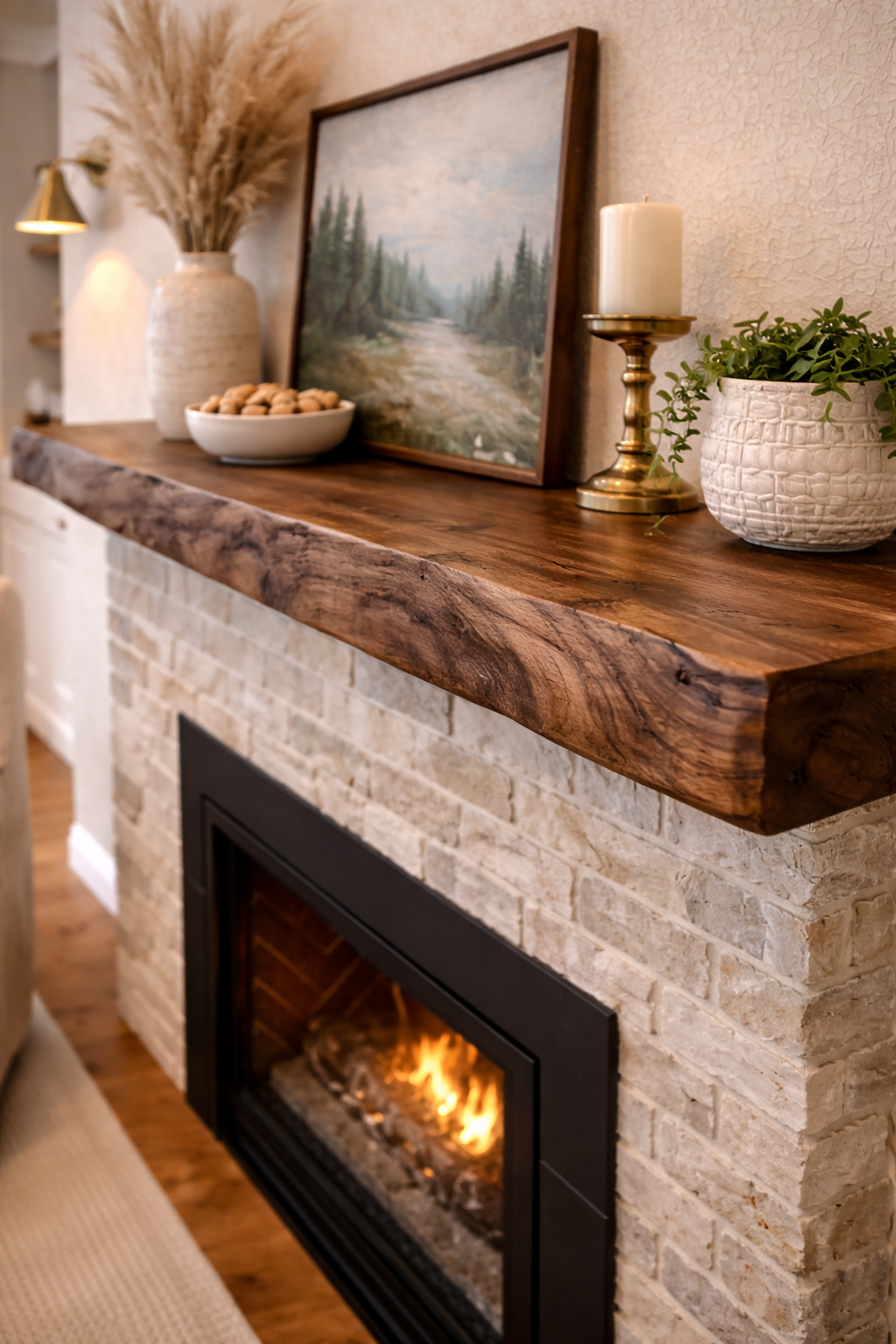 Modern floating walnut mantel shelf mounted above stone fireplace
