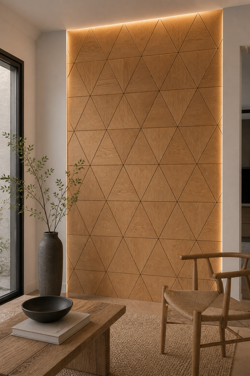 Modern interior with geometric wood wall paneling, a vase, and a chair.