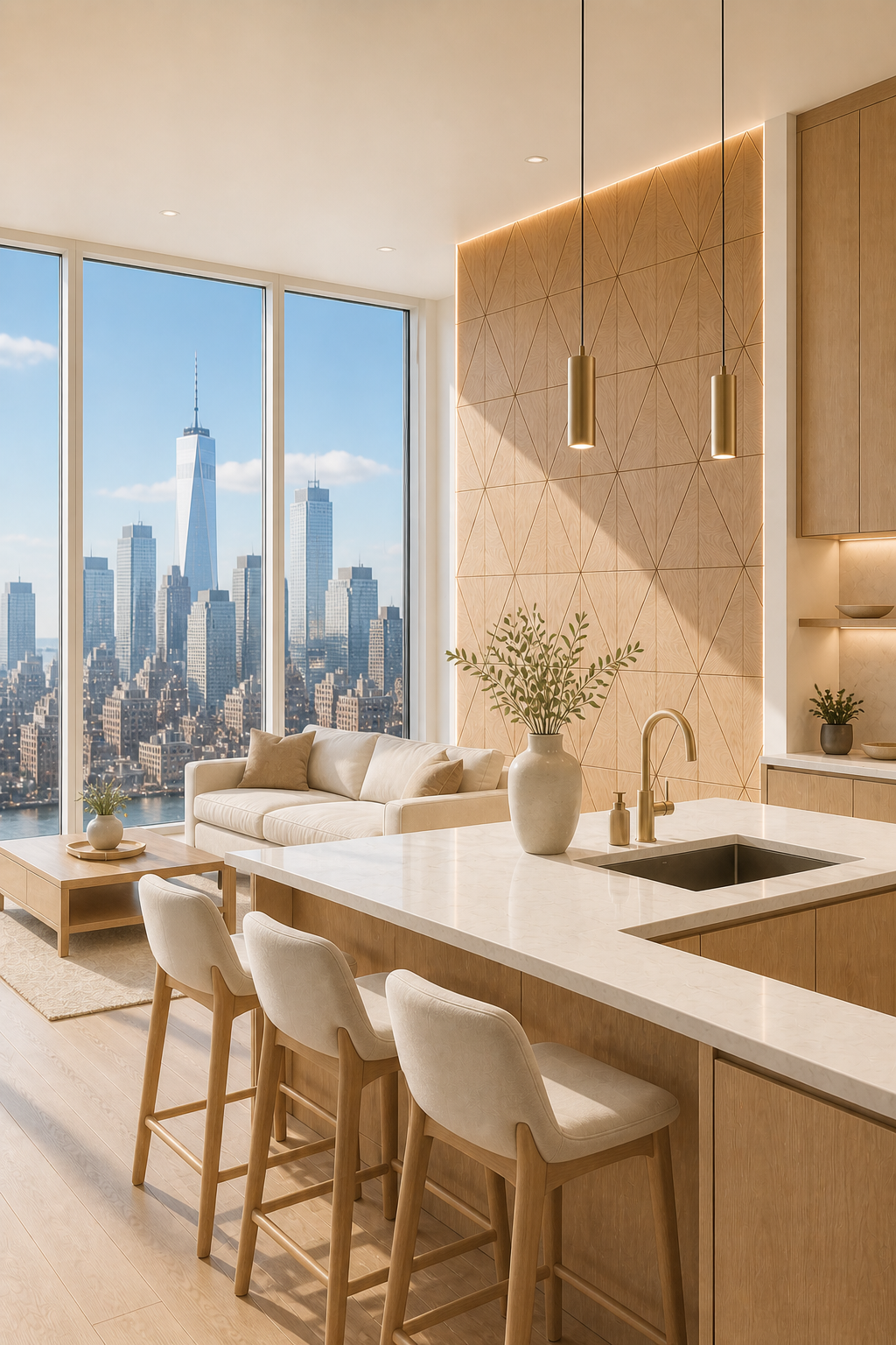 Modern kitchen with a city skyline view through large windows