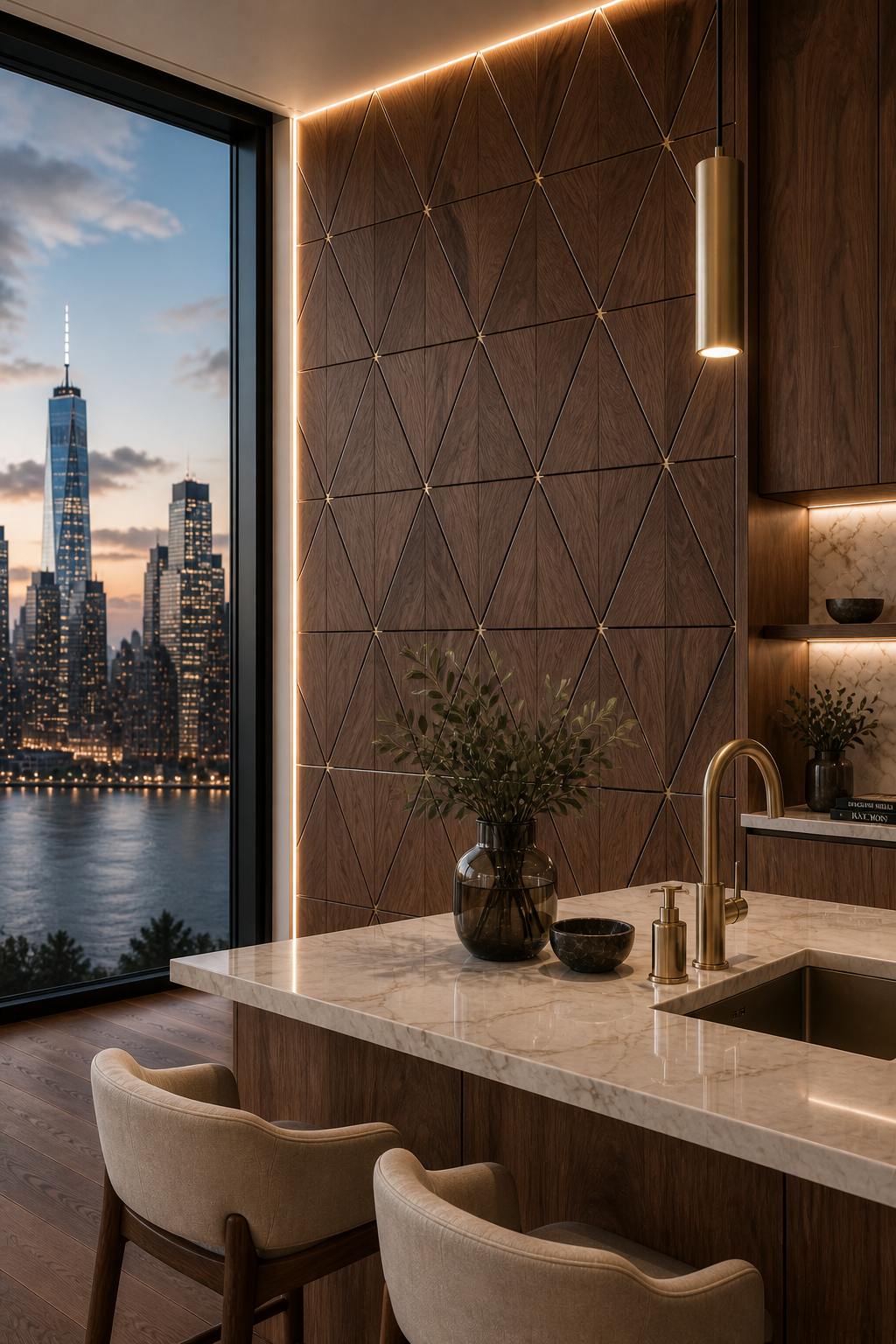 Modern kitchen with city skyline view through large window