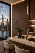 Modern kitchen with city skyline view through large window
