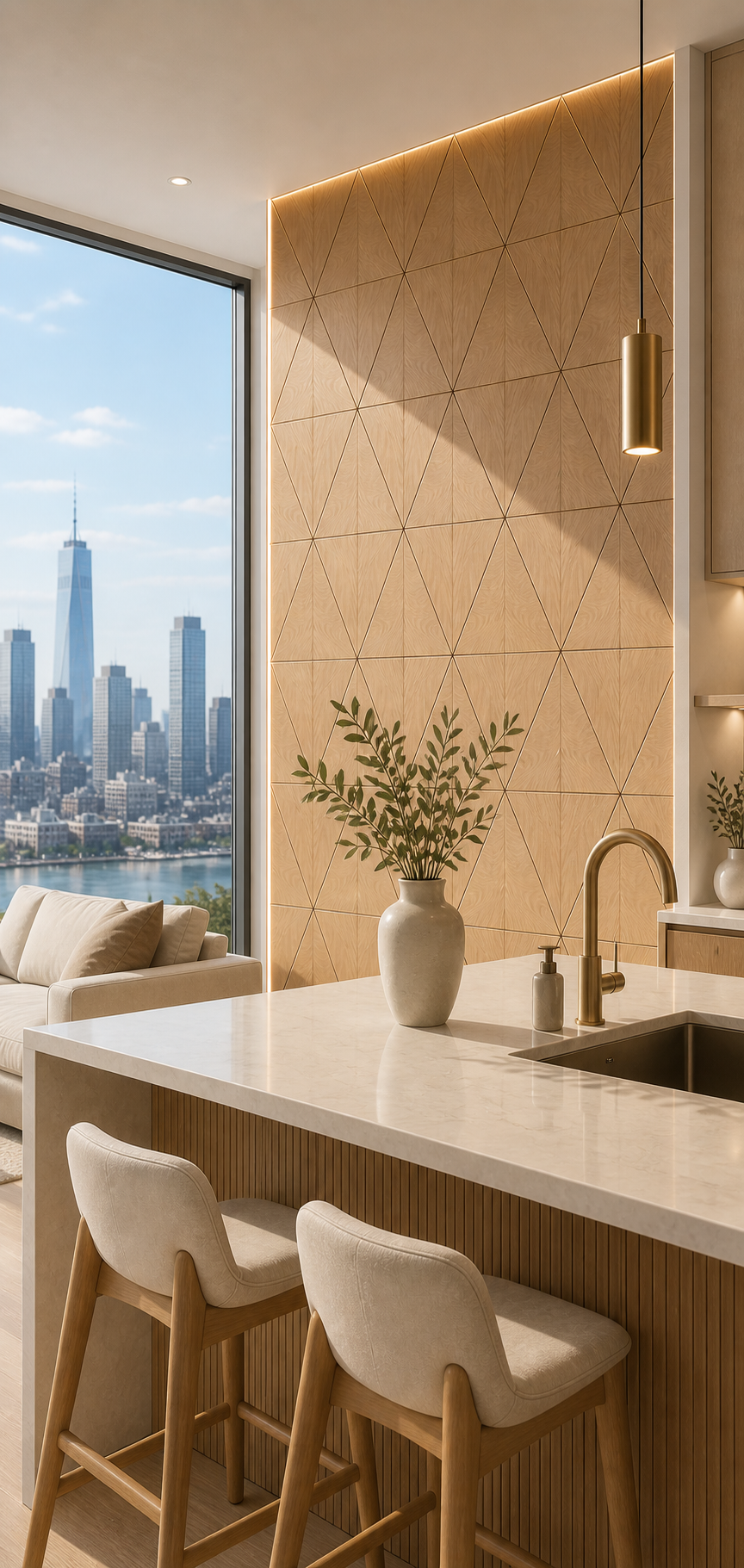 Modern kitchen with geometric tile pattern, city skyline view, and bar stools.