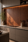 Modern kitchen with wooden backsplash and neutral tones