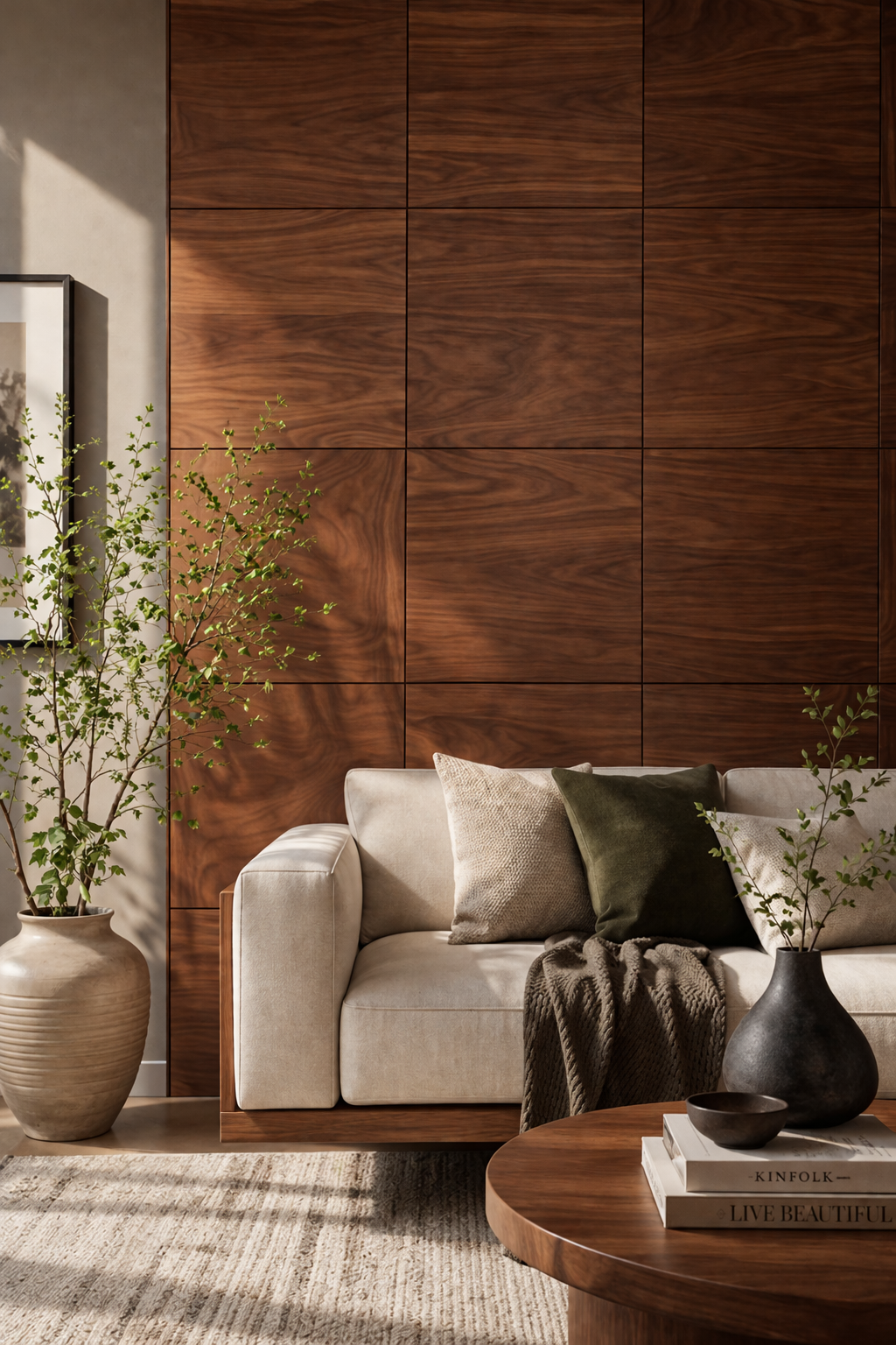 Modern living room with a beige sofa, wooden coffee table, and decorative elements.