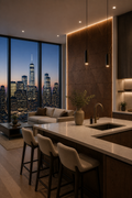 Modern luxury kitchen with geometric walnut wood wall panels and warm LED lighting in high-rise apartment interior.
