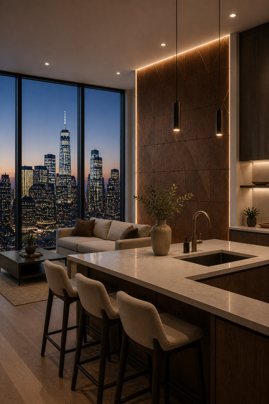 Modern luxury kitchen with geometric walnut wood wall panels and warm LED lighting in high-rise apartment interior.