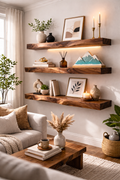Modern rustic walnut floating shelves mounted on wall with plants books and home decor accents