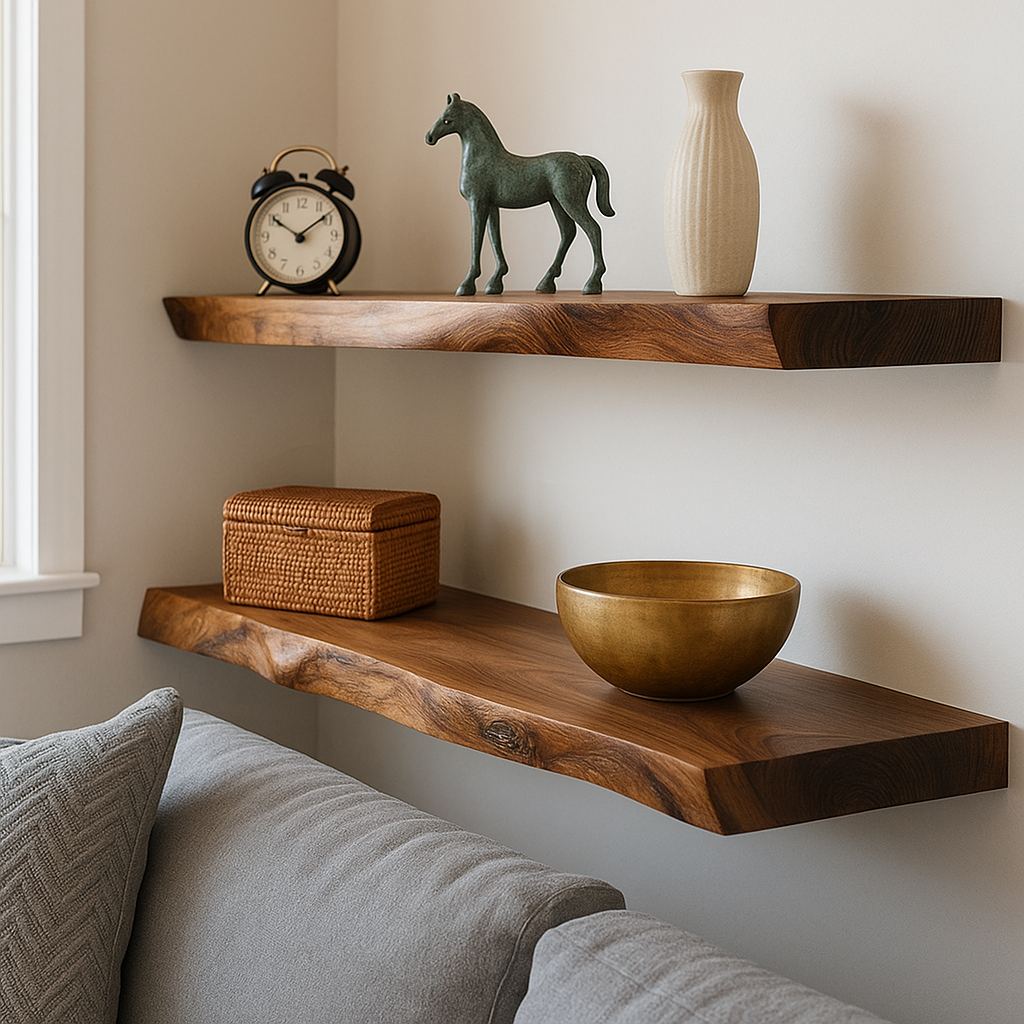 Modern solid wood floating shelf with natural walnut grain used as decorative wall display