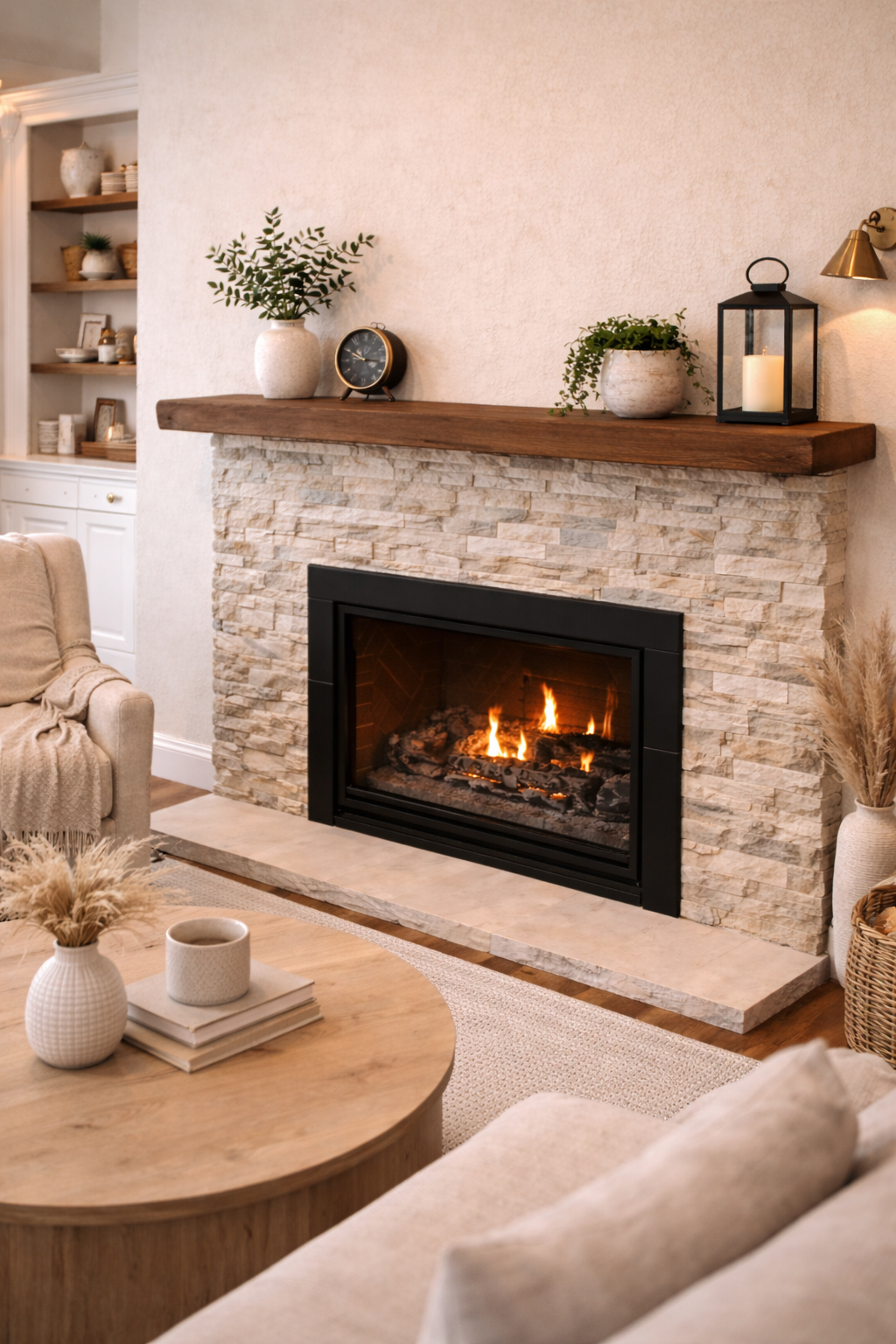 Natural walnut floating mantel shelf with rich wood texture