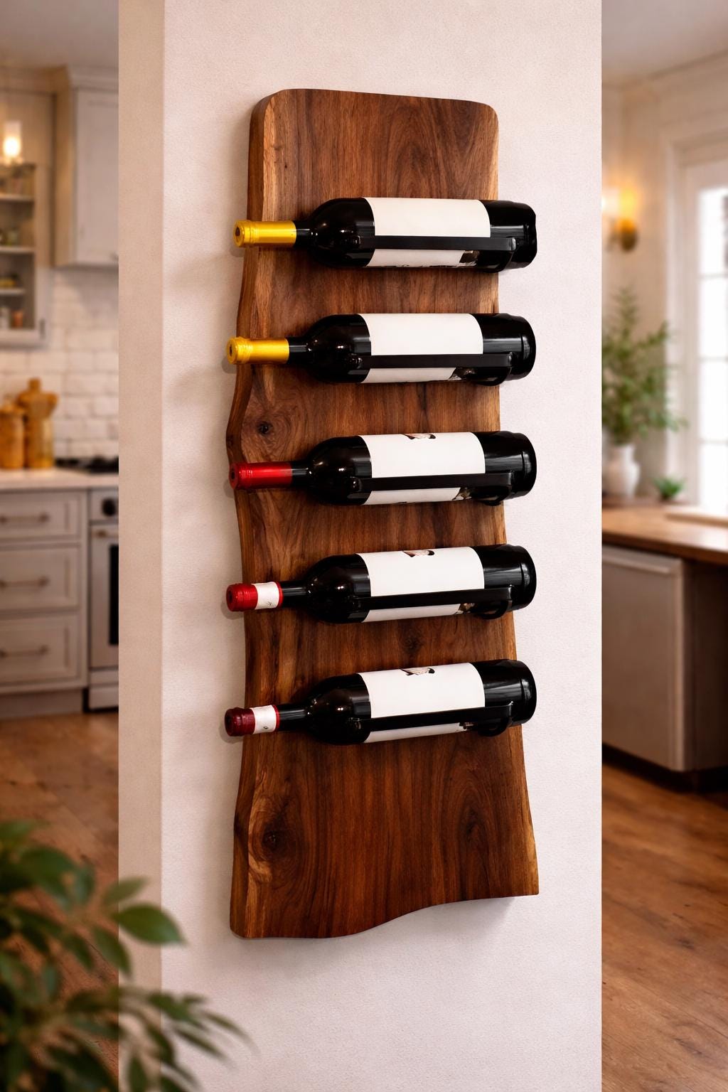 Natural walnut live edge wine rack wall decor for kitchen or dining room