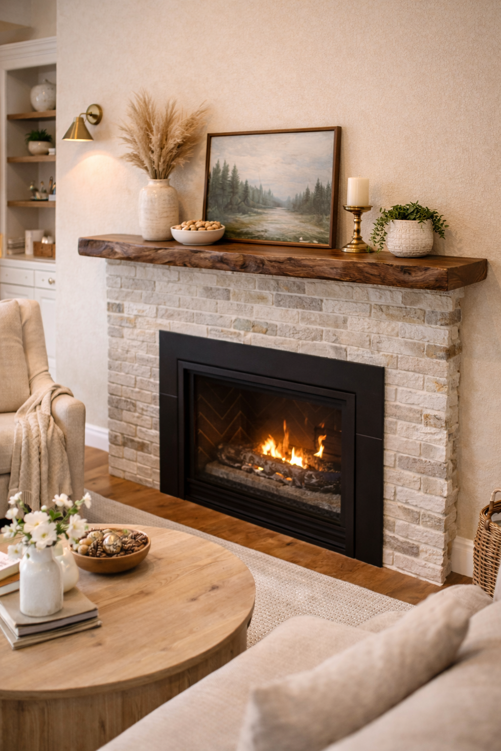 Natural walnut wood mantel shelf for modern living room fireplace decor